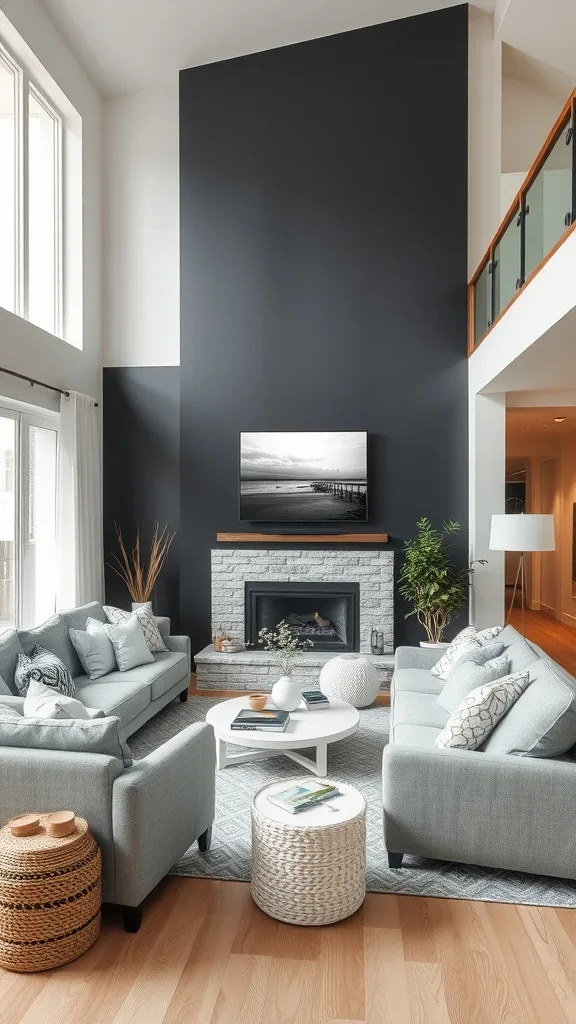 Living room with a black accent wall, light furniture, and coastal decor.