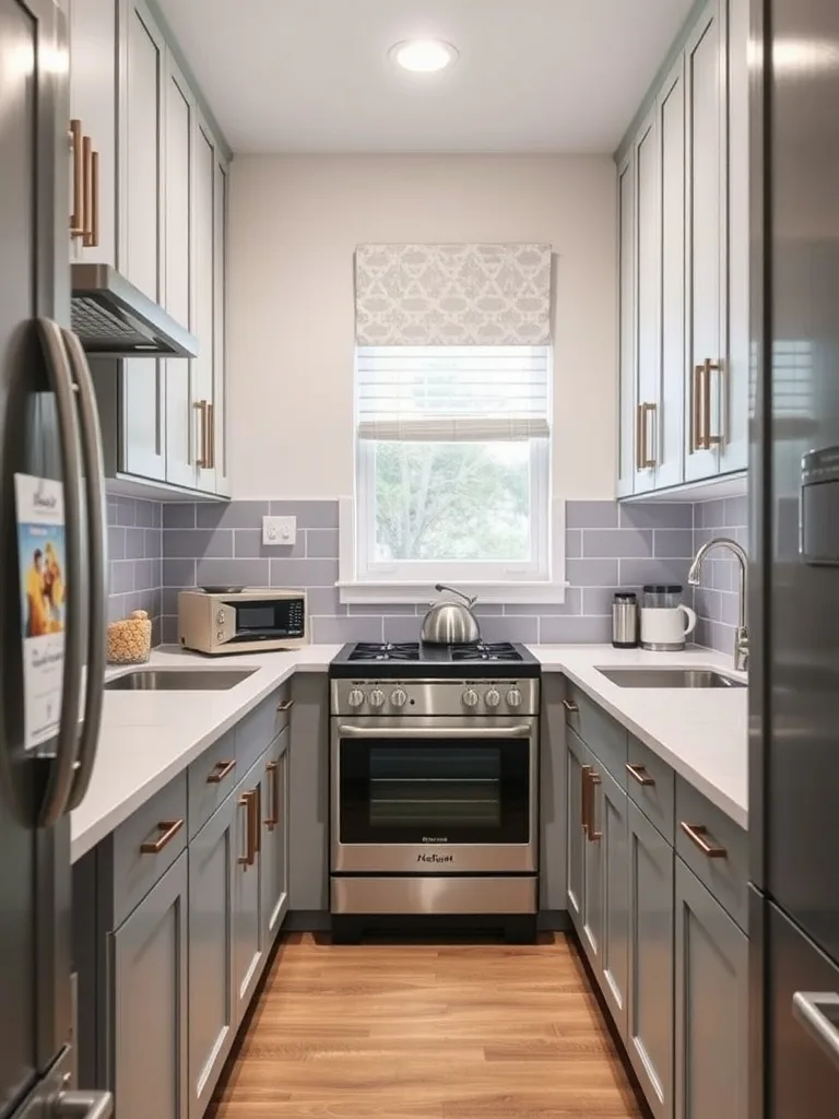 Small galley kitchen with gray cabinets, purple backsplash, and warm wooden flooring