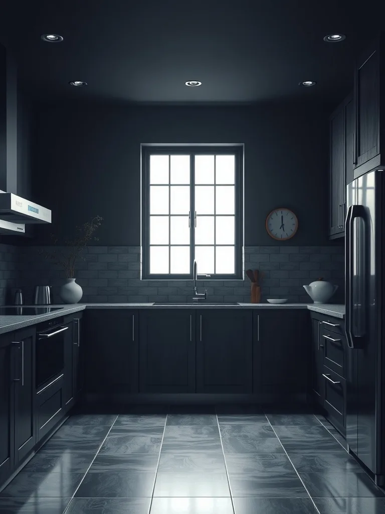 A modern dark kitchen featuring dark cabinets, sleek countertops, and a large window.