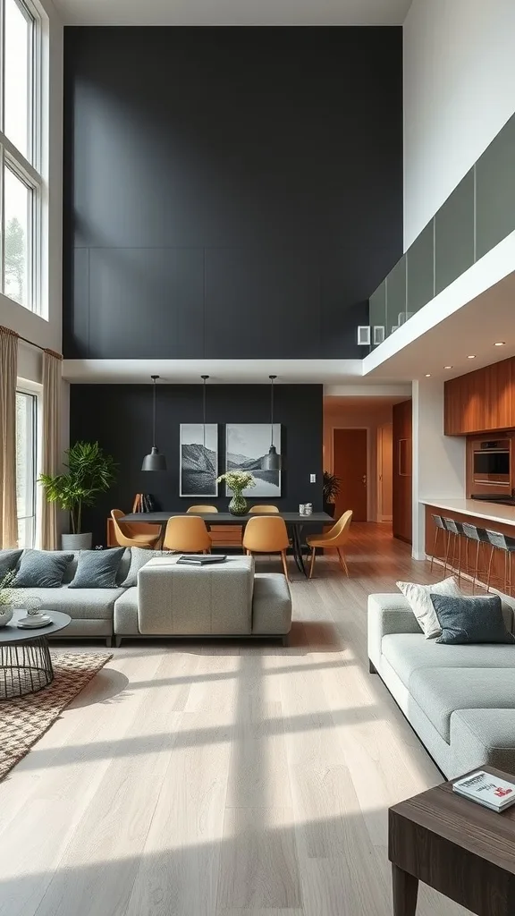 Living room with a black accent wall and open concept layout.