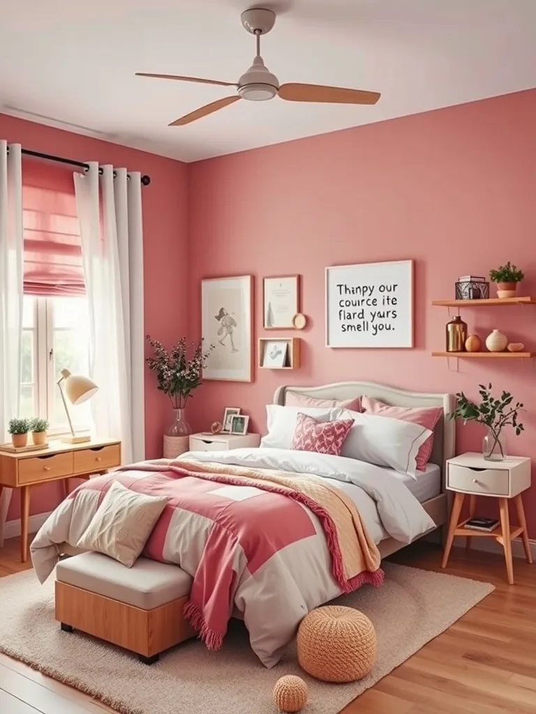 A cozy bedroom with coral walls, a comfortable bed, and warm decor.