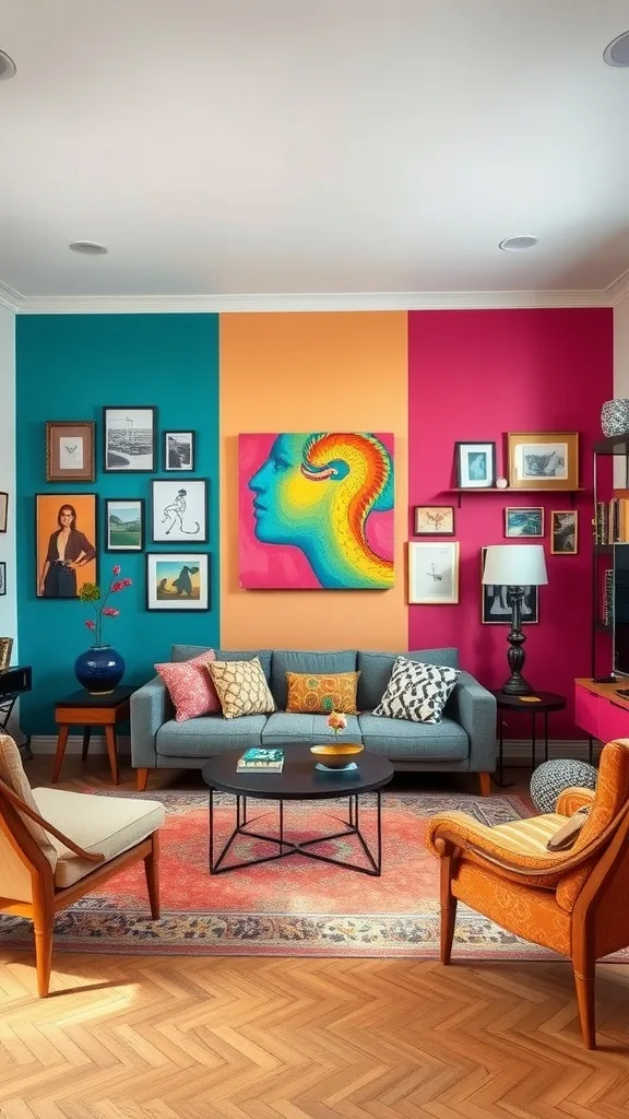 A vibrant living room featuring colorful accent walls in teal, orange, and pink with artistic decor.