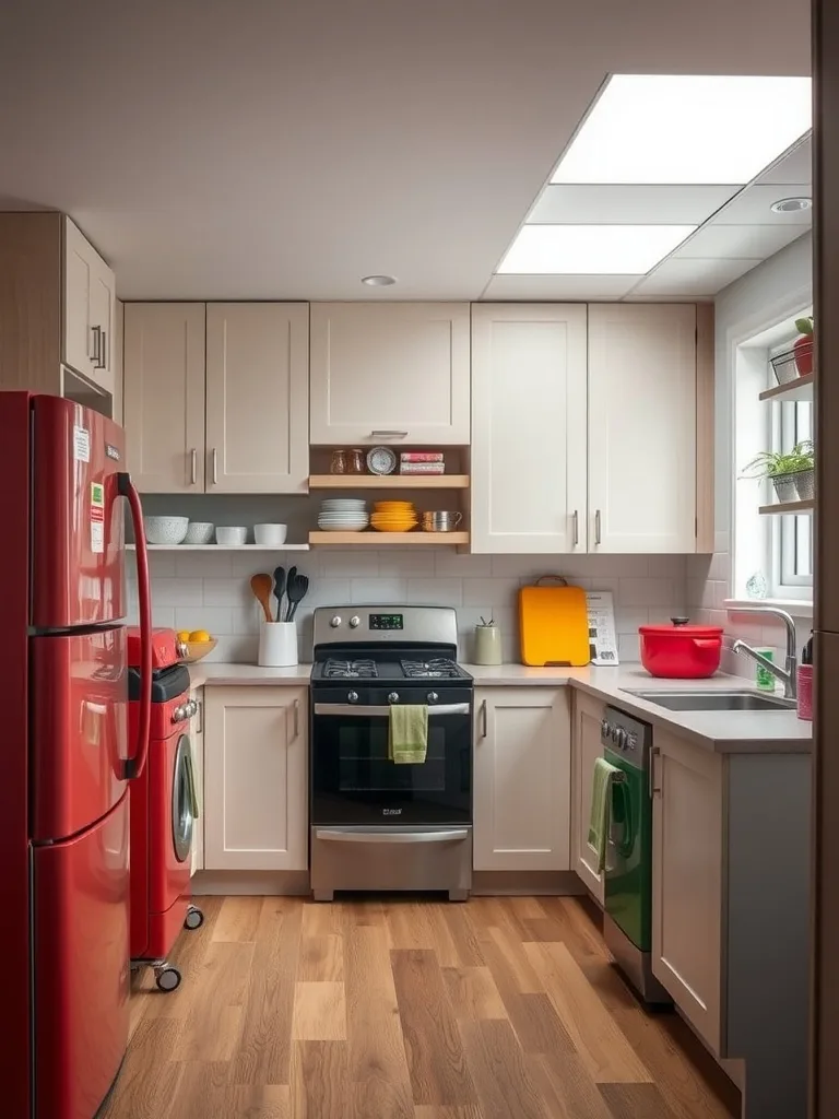 A vibrant kitchen with red appliances and neutral cabinetry