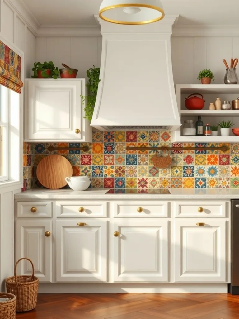 A bright and colorful kitchen backsplash featuring patterned tiles in red, blue, and yellow, complemented by white cabinetry and decorative plants.