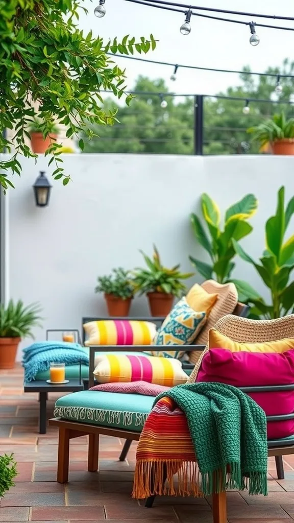 A cozy patio with colorful cushions and blankets on chairs, surrounded by plants and string lights.