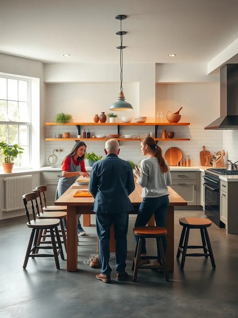 Modern boho kitchen with people engaged in conversation around a wooden table