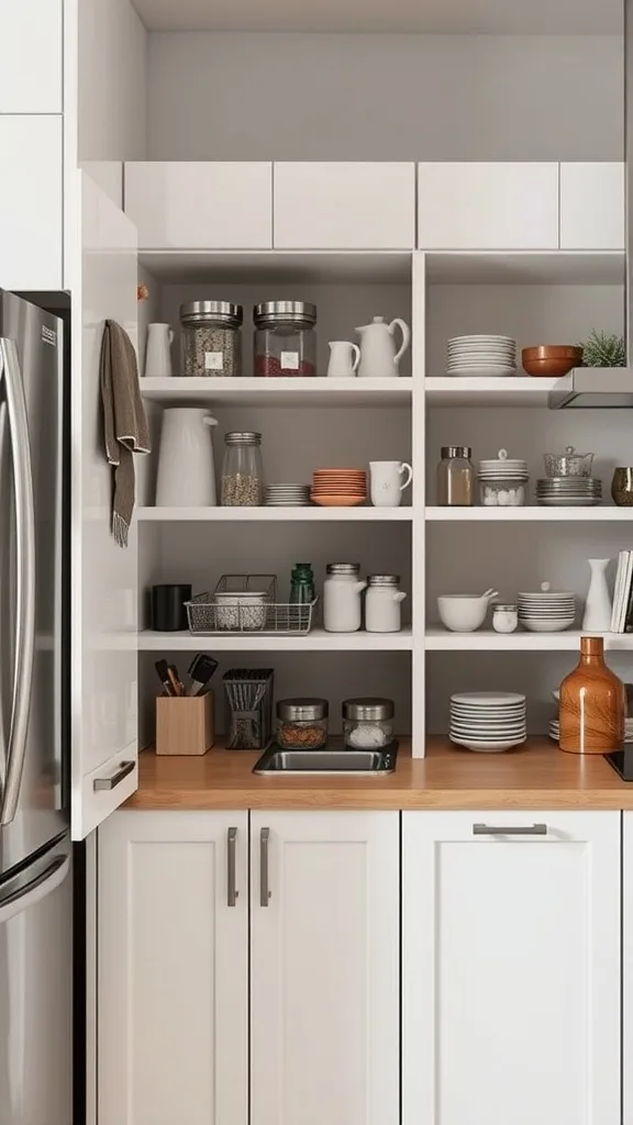 A modern kitchen corner cabinet with open shelves and organized kitchenware.