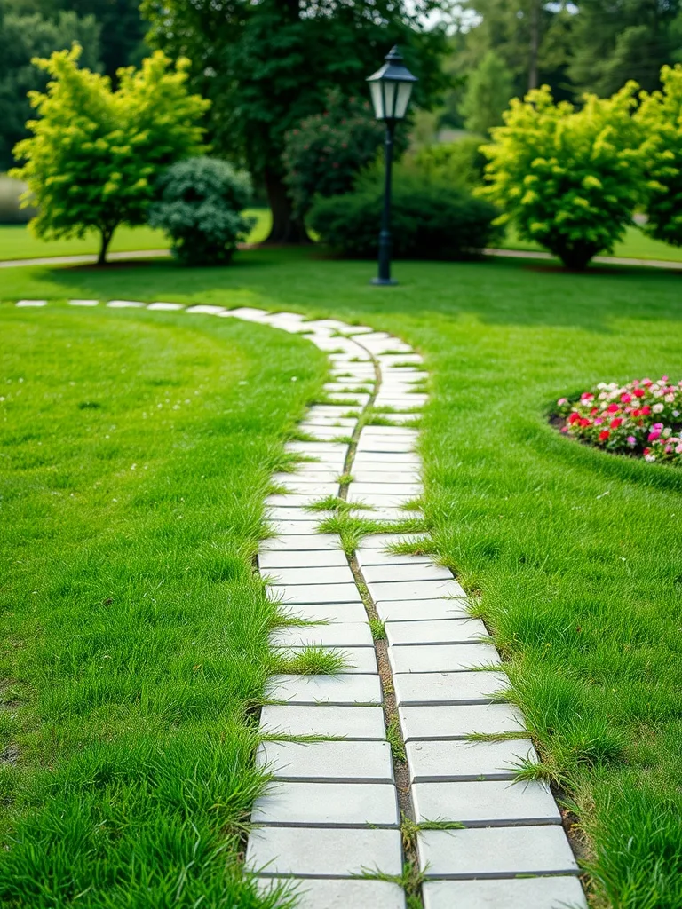 Concrete block pathway winding through green grass with surrounding trees and flowers.