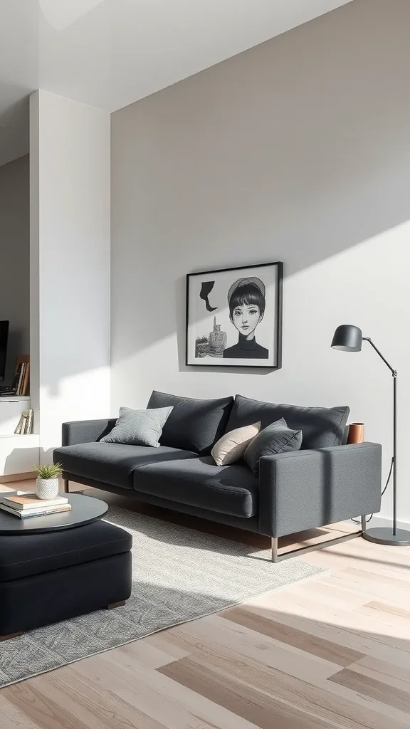 Dark gray sofa in a minimalist living room with a light rug and coffee table.