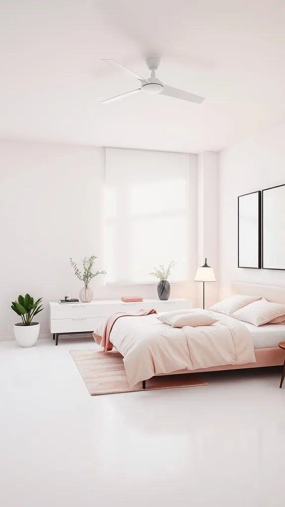 A modern minimalist pink bedroom with a bed, lamp, and plant.