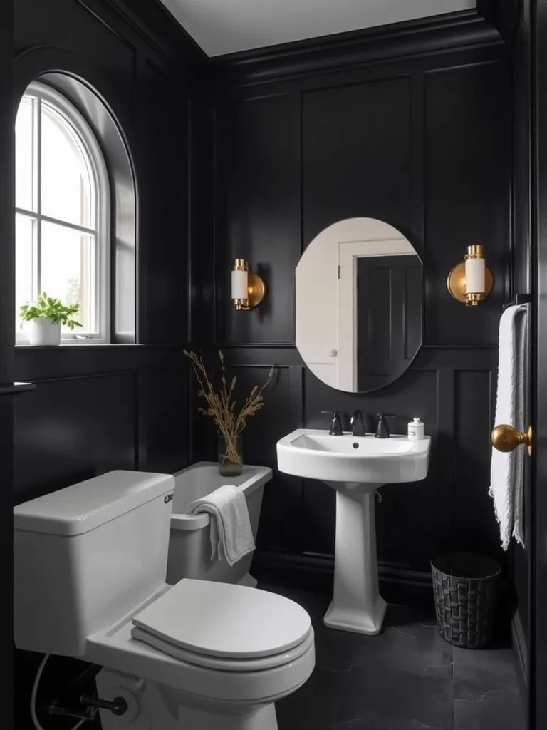 A stylish dark bathroom featuring white fixtures, a round mirror, and natural light.