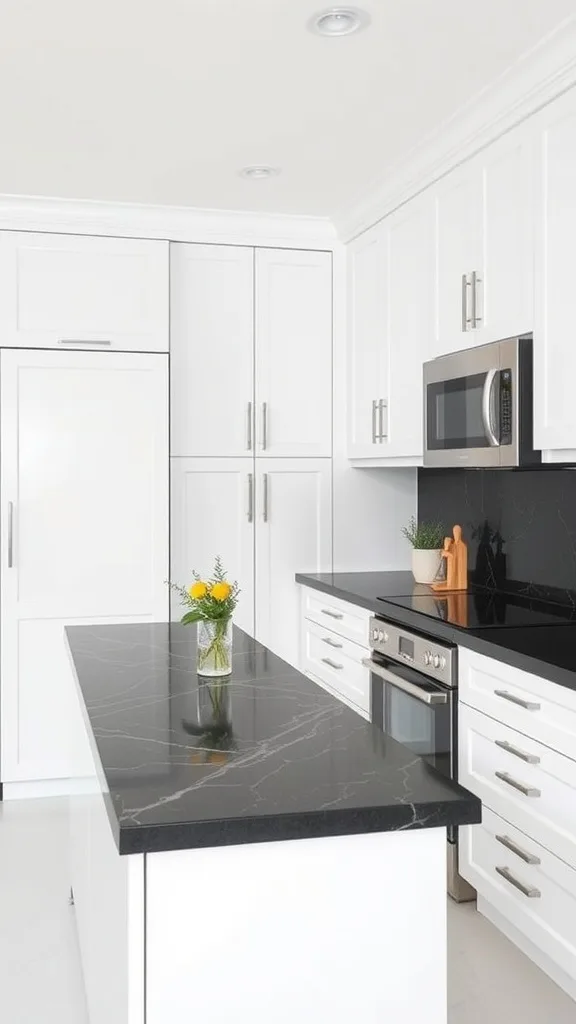 A modern black and white kitchen with a black countertop and white cabinets.