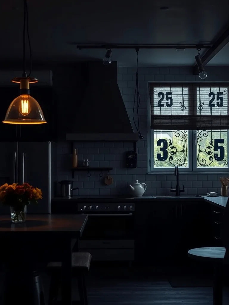 A dark kitchen with contrasting light fixtures, including a pendant light and track lighting.