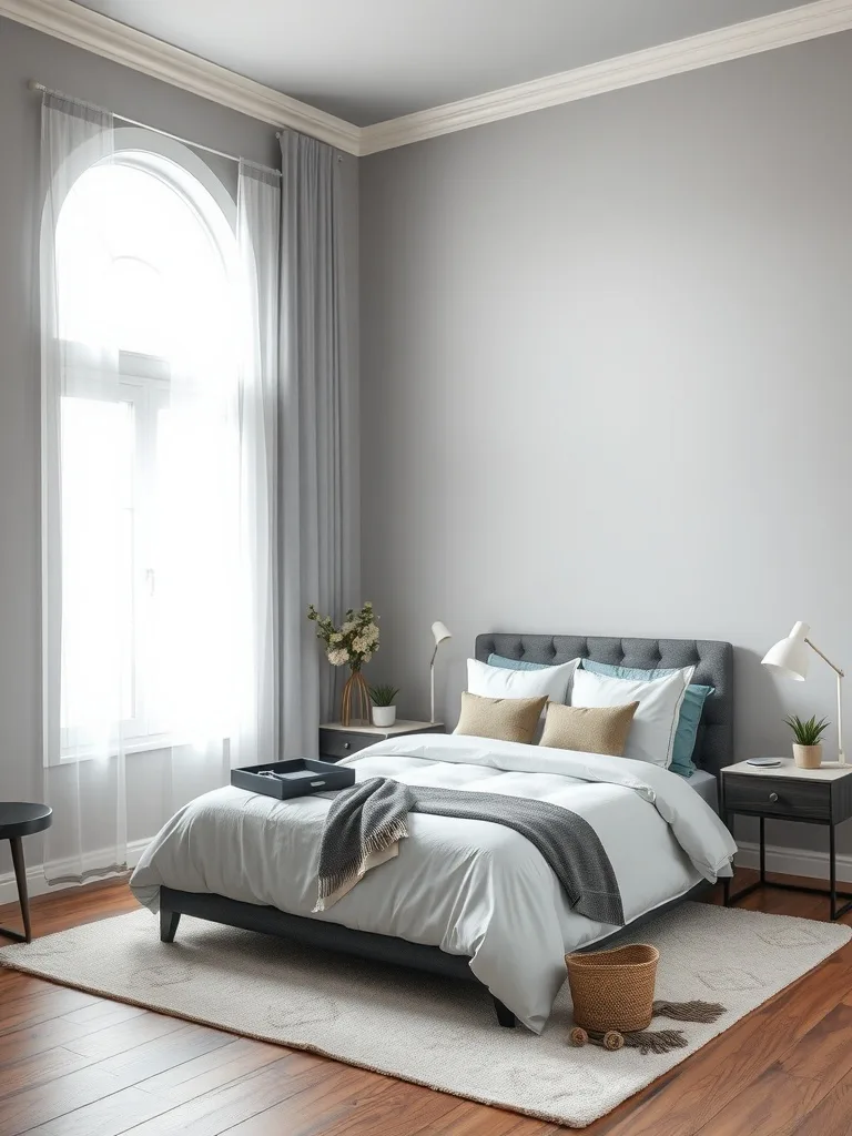 A serene bedroom painted in Cool Misty Gray with a cozy bed and natural light.