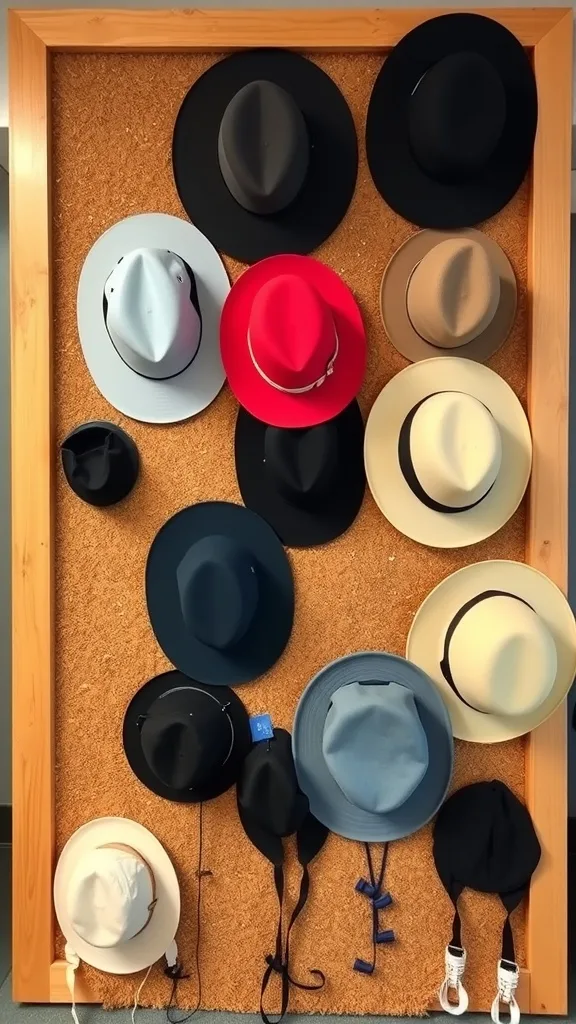 A corkboard displaying various hats in different colors and styles.