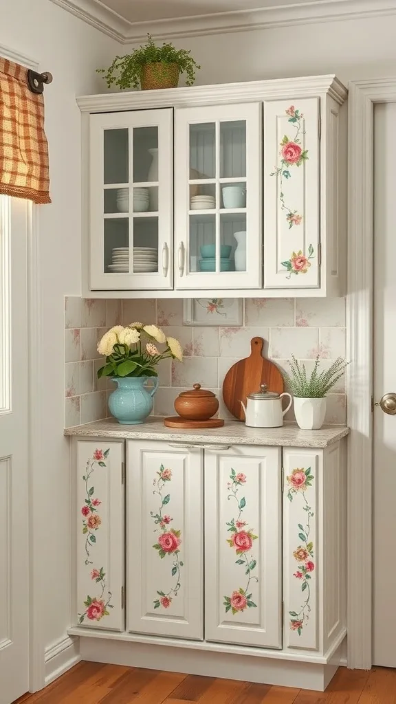 A cozy kitchen corner featuring cottage-style cabinets with floral designs, a countertop with kitchenware, and plants for decoration.