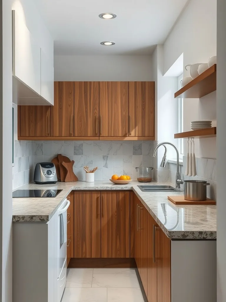 A small modern kitchen featuring wooden cabinets and a light countertop.