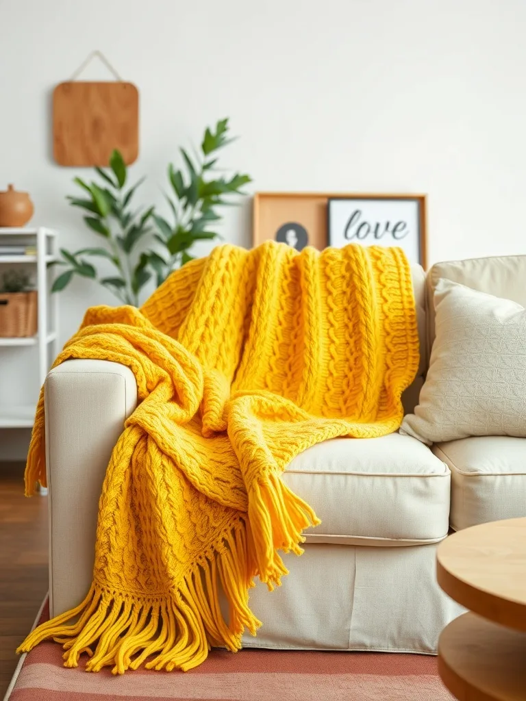 A bright yellow knitted blanket draped over a light-colored couch in a cozy living room.