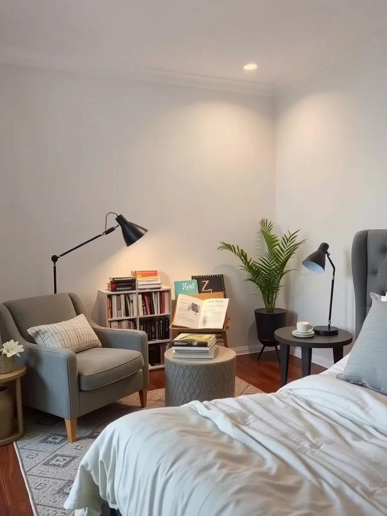 Cozy gray reading nook with a comfortable chair, small table, and plants.