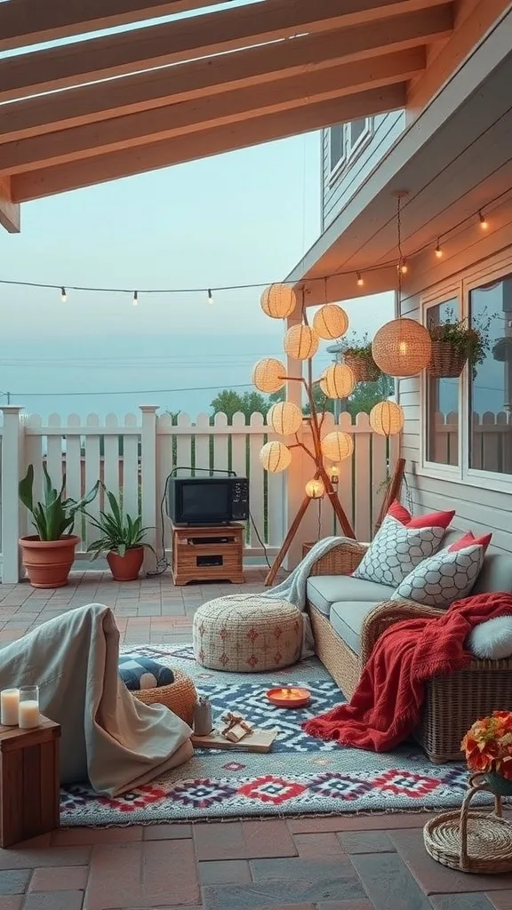 Cozy outdoor movie setup with lights, a sofa, and a small TV