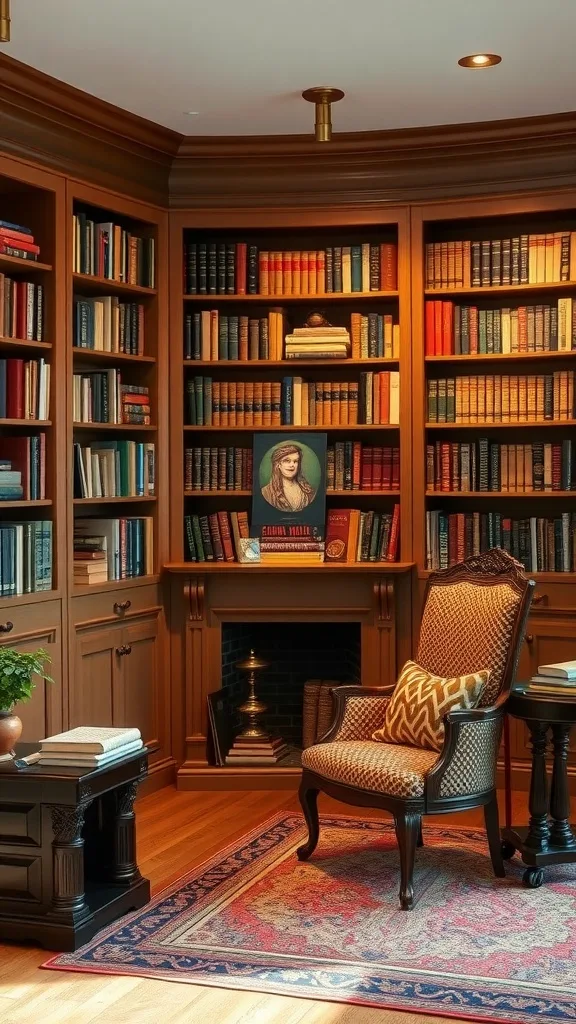 A cozy reading corner featuring bookshelves, a comfortable chair, and a small table with books.