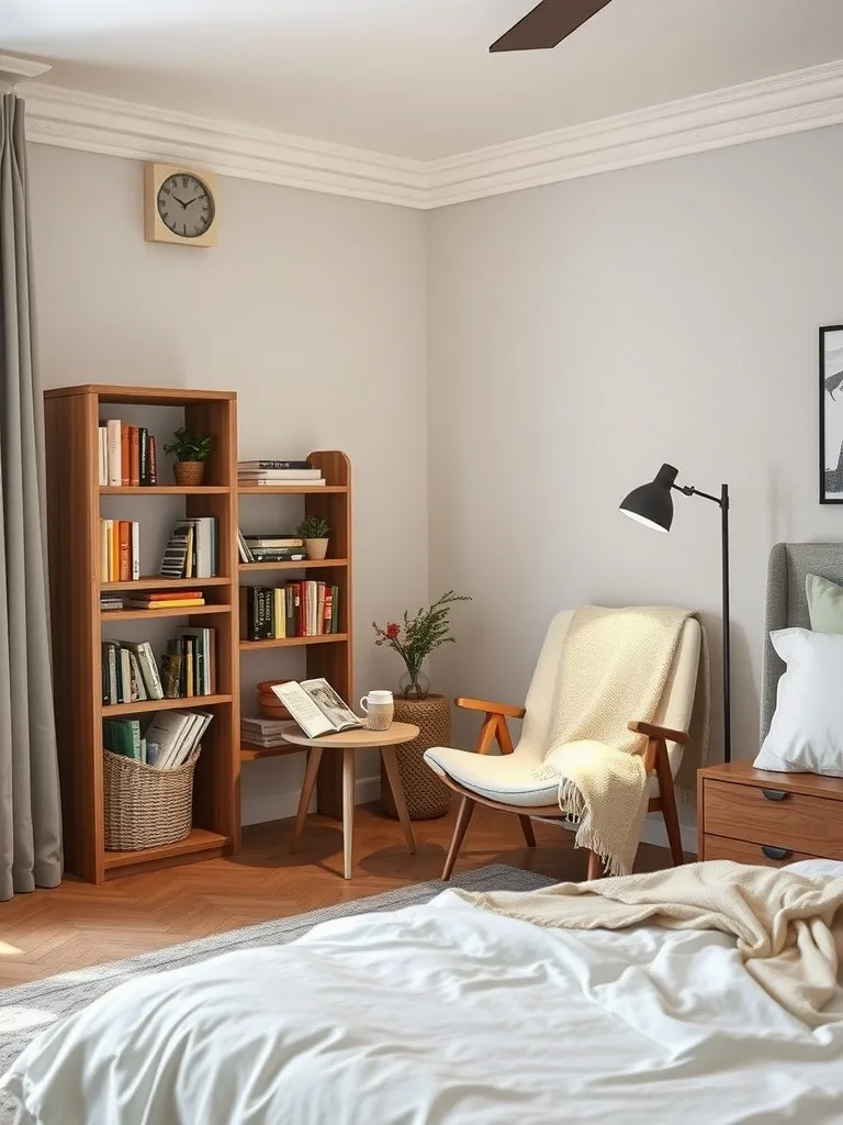 A cozy reading nook with a chair, bookshelf, and warm lighting in a bedroom.