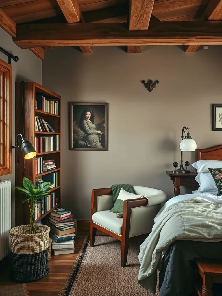 Cozy reading nook in a rustic bedroom featuring a comfortable armchair, bookshelves, and warm lighting.