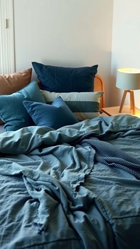 A cozy blue and gray bedroom with layered textures, featuring pillows and blankets.