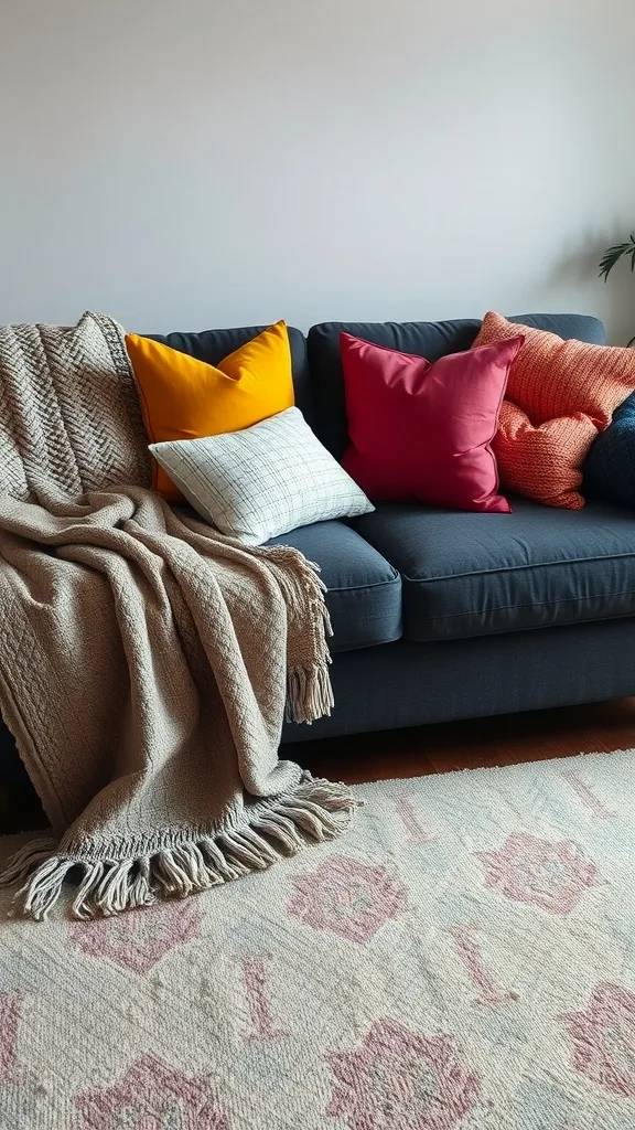 A cozy dark gray sofa adorned with colorful pillows and a textured throw blanket.