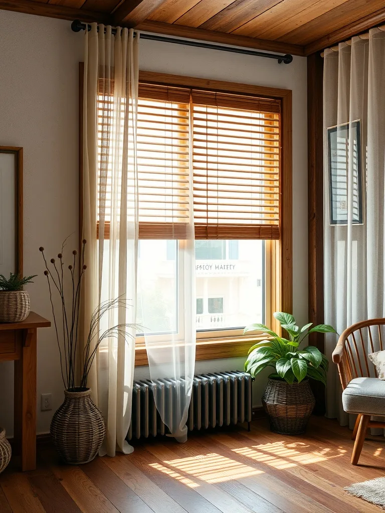 Cozy bedroom with wooden blinds and sheer curtains, featuring a plant and rustic decor.