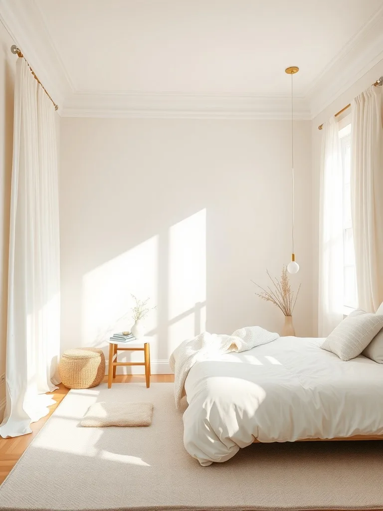 A serene bedroom with creamy off-white walls, featuring a plush bed, soft textiles, and gentle natural light.