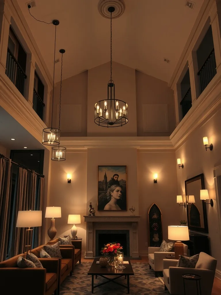 A high ceiling living room featuring layered lighting with pendants, table lamps, and wall sconces.