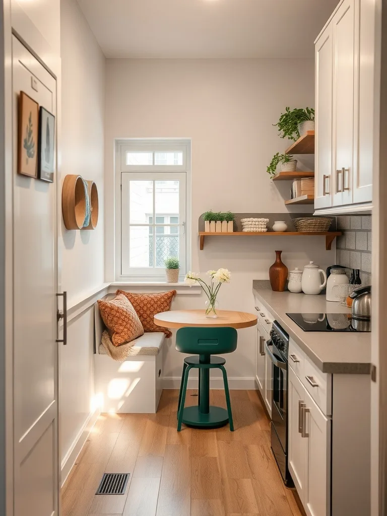 A cozy nook in a small galley kitchen with a window, seating area, and a round table.