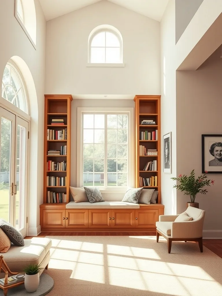 Cozy nook with a window seat in a high ceiling living room.