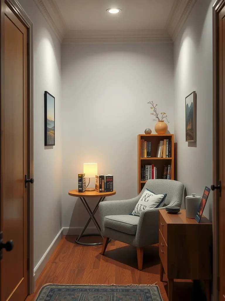 Cozy reading nook in a narrow bedroom with a chair, lamp, and bookshelves.