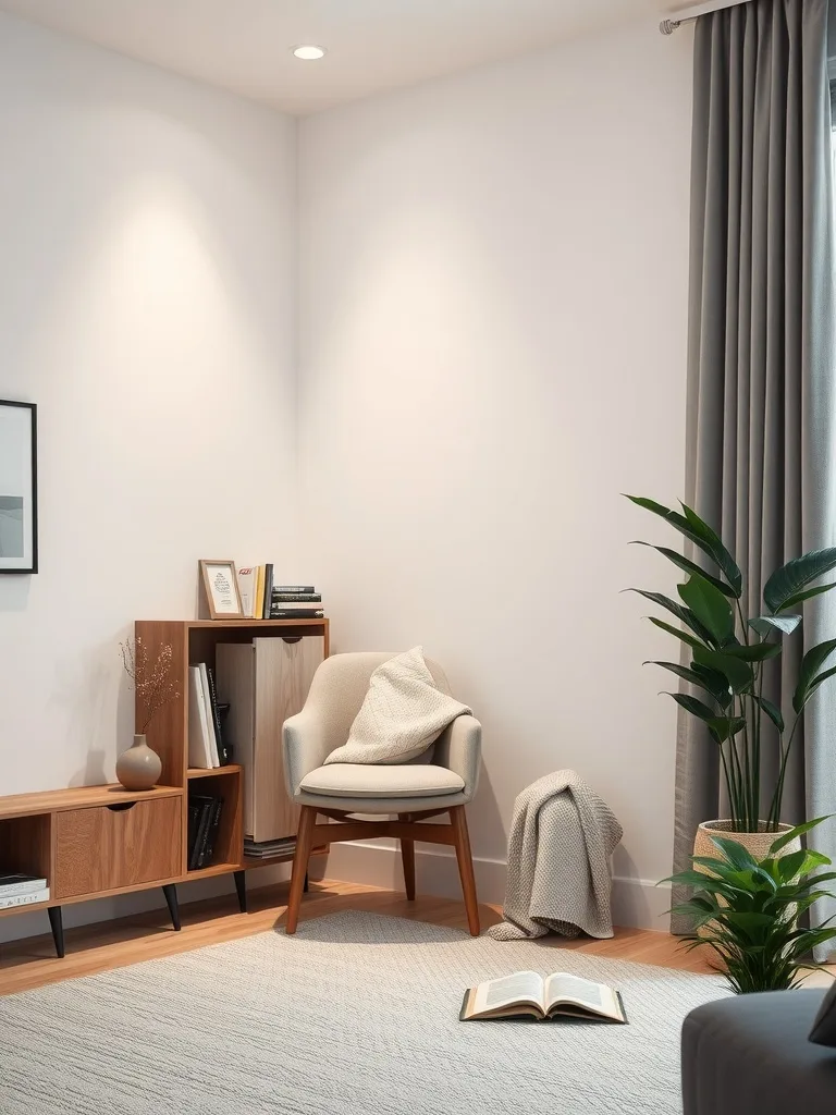 Cozy reading nook with a comfortable chair, bookshelf, and plant in a neutral living room.