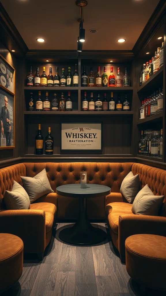 A cozy whiskey tasting corner with comfortable seating and a variety of whiskey bottles.