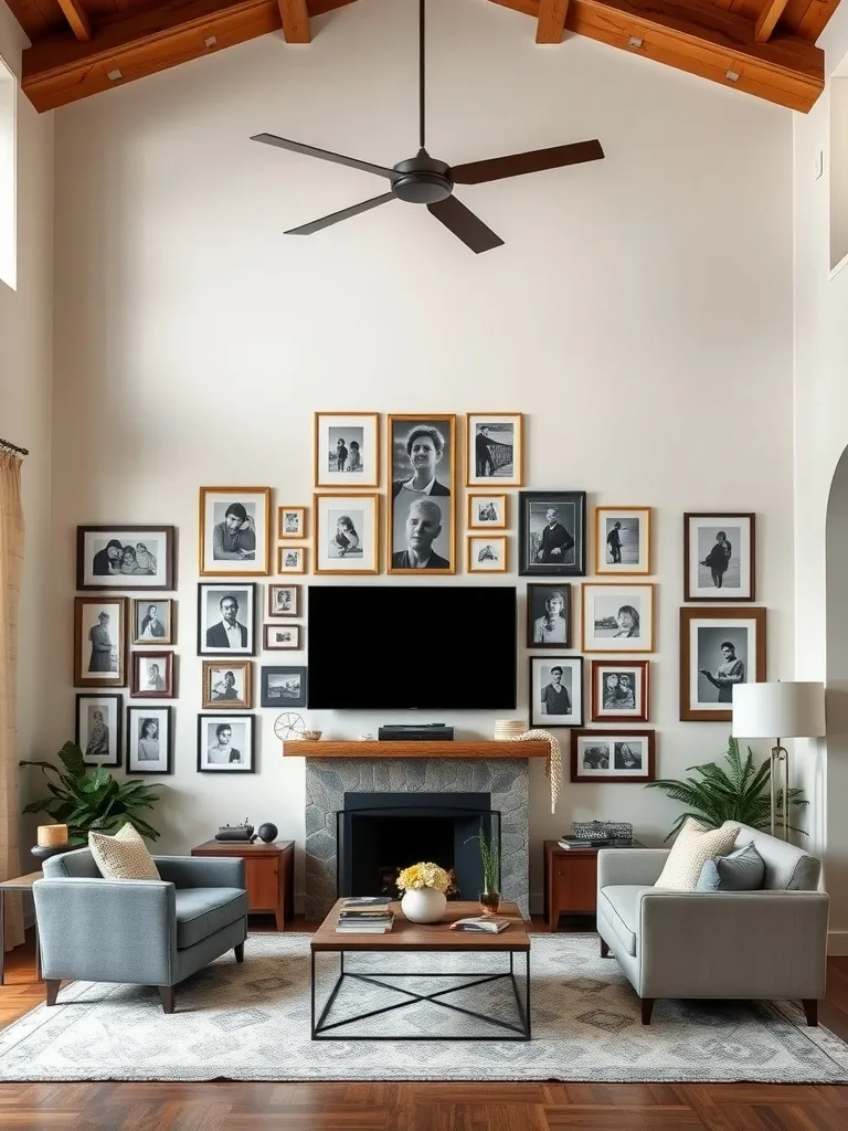 A high ceiling living room featuring a gallery wall of framed photos in various styles and sizes.