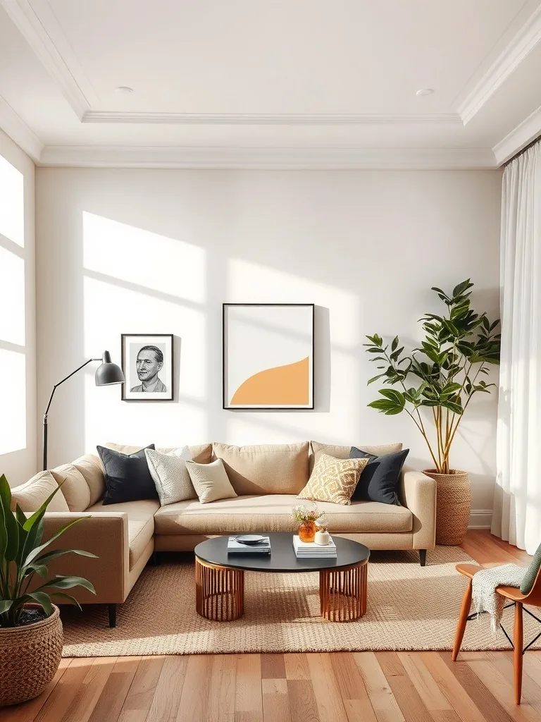 A neutral living room with a beige sofa, framed art on the walls, a round black coffee table, and plants.