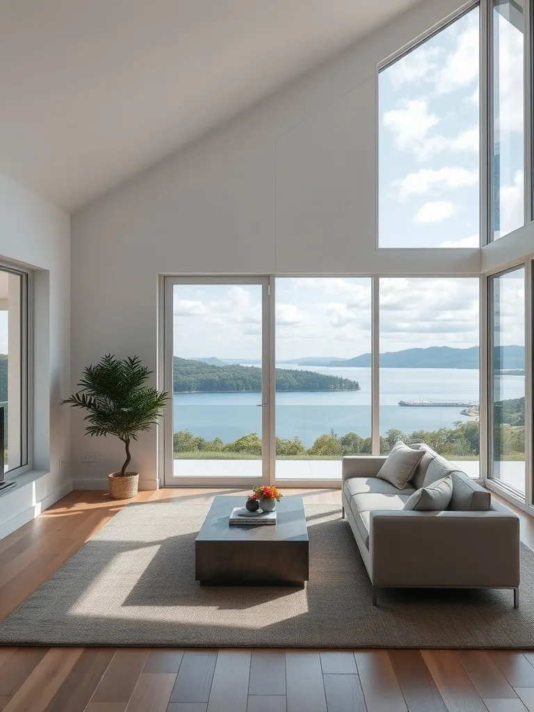 Bright and airy living room with large windows showcasing a beautiful outdoor view of water and trees.