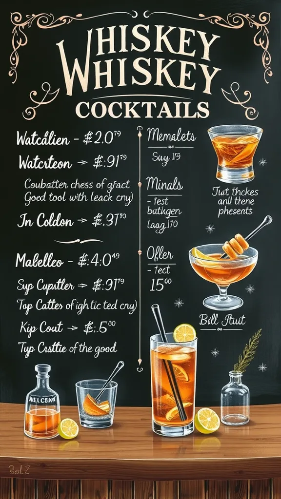 Chalkboard menu displaying various whiskey cocktails with prices and fun names.