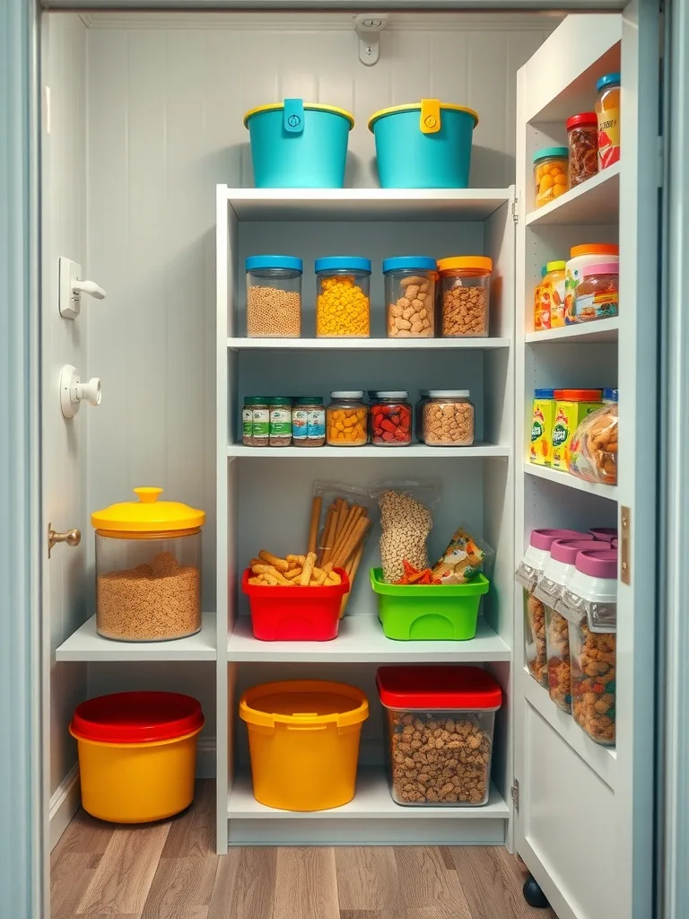 Colorful and organized pantry with containers full of snacks for kids.