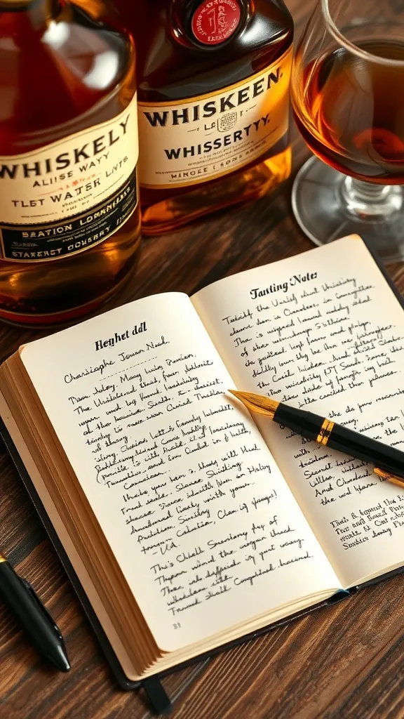 A whiskey tasting journal with notes, a pen, and two whiskey bottles.