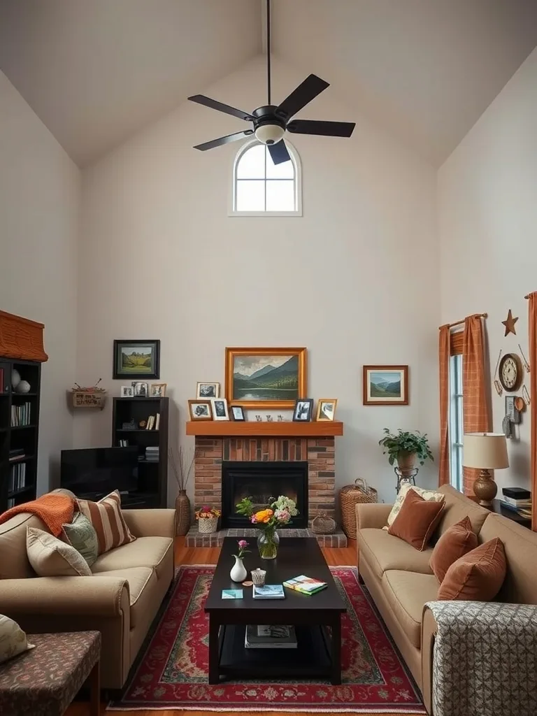 A cozy high ceiling living room with soft furnishings and personal decor.