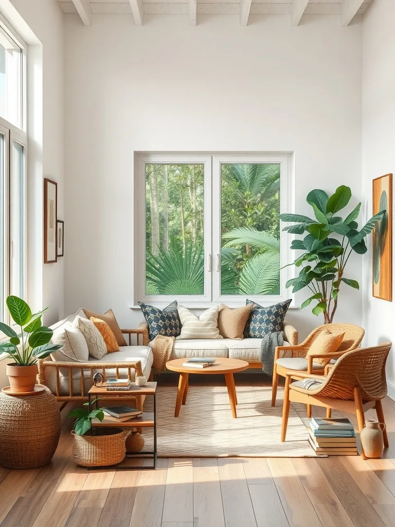 A cozy reading nook in a green living room with plants, soft cushions, and natural light.