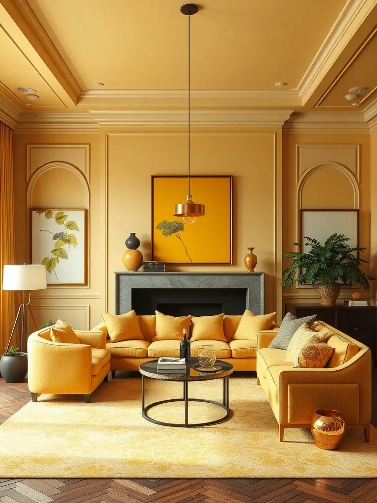 A cozy yellow living room featuring yellow sofas, a round coffee table, and vibrant artwork.