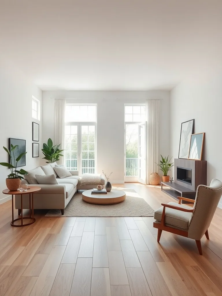 A bright and airy neutral living room with large windows, a beige sofa, and wooden furniture.