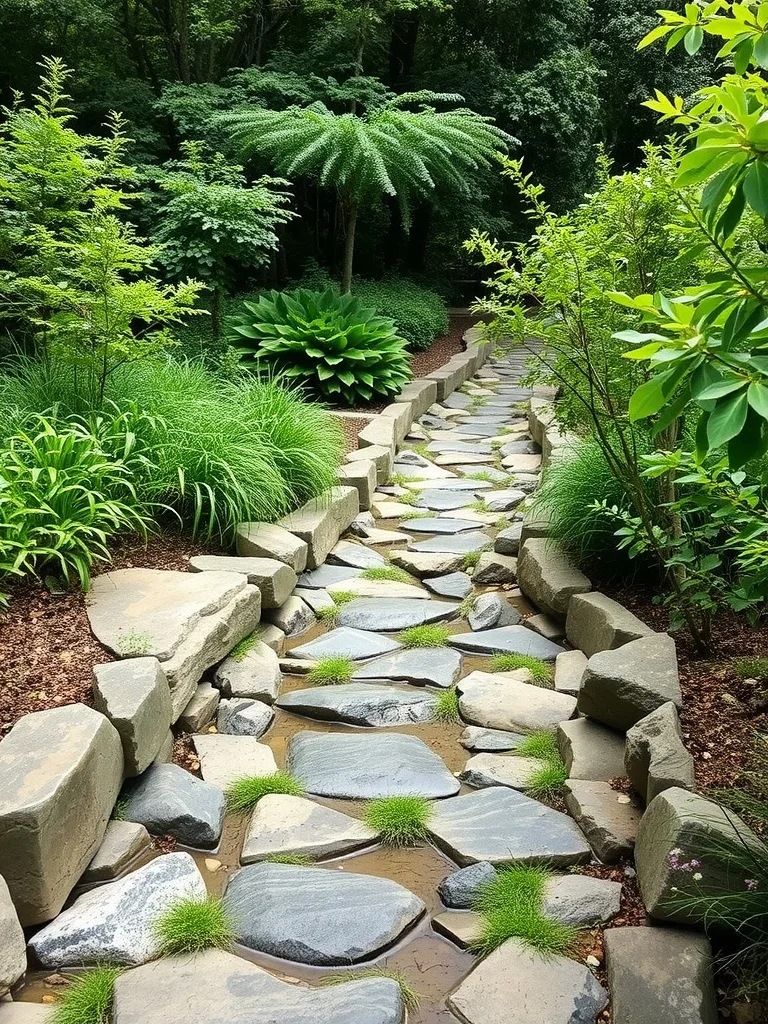 A winding pathway made of river rocks surrounded by lush greenery.