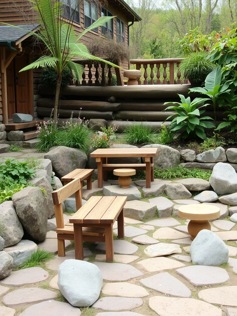 A rustic outdoor seating area featuring wooden furniture and river rocks.