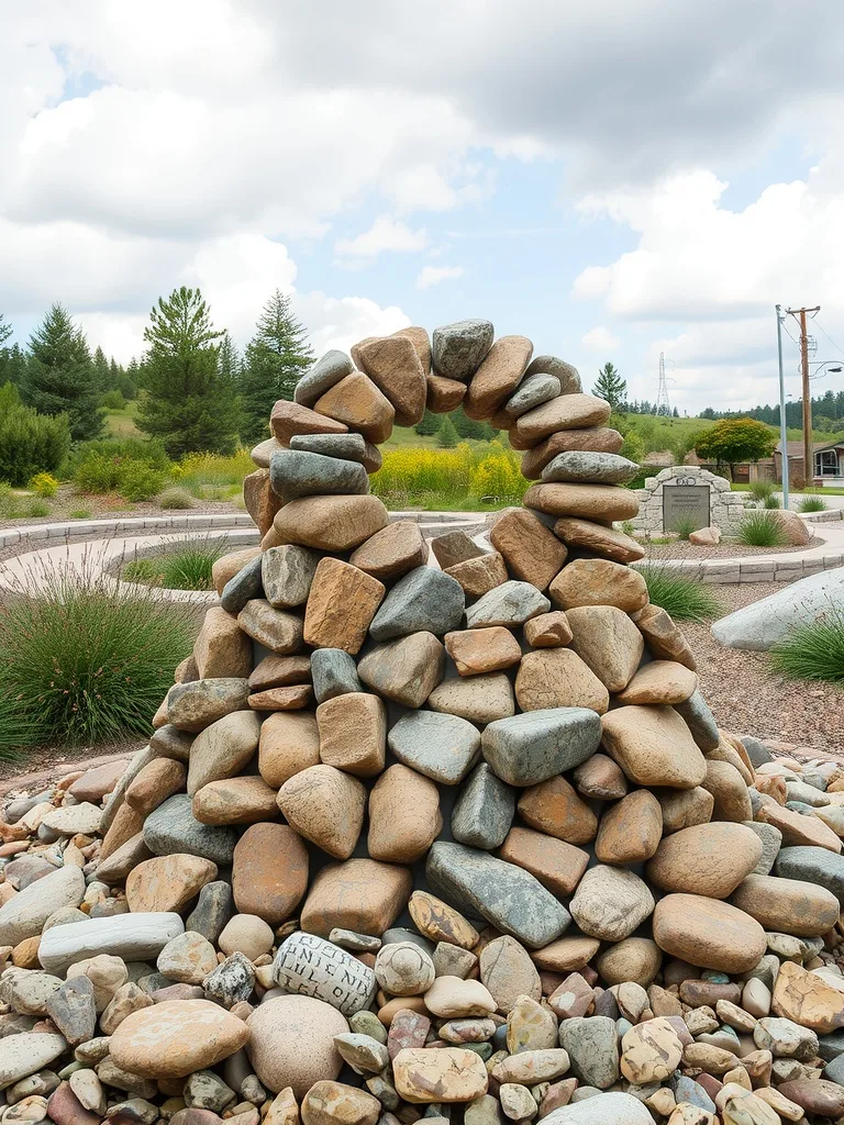 A sculpture made of stacked river rocks, creating an arch shape.